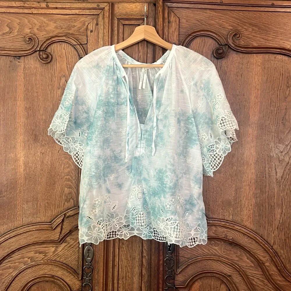 Anthropologie Embroidered Tie Dye Eyelet Lace Boho Puff‎ Sleeve Blouse
